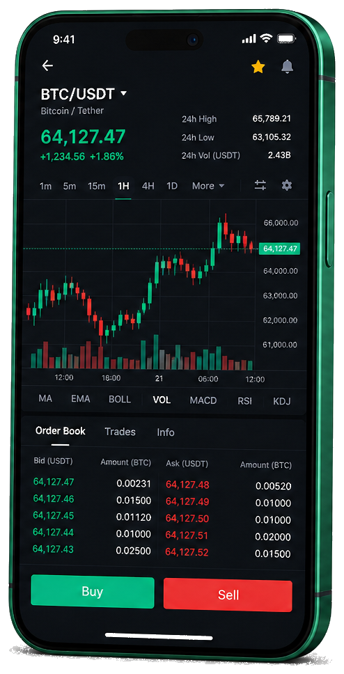 Piattaforma Polo Lucratura su dispositivi mobili — grafico BTC/USDT live, book ordini e pannello acquisti/vendite